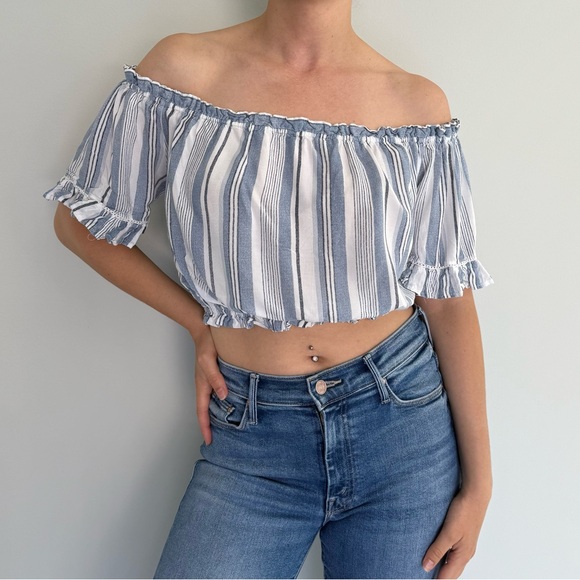 Ocean Drive Blue & White Off-Shoulder Crop Top - Picture 1 of 5